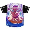 White haired warrior graphic on jersey back with Ultra Instinct text and blue gradient hem