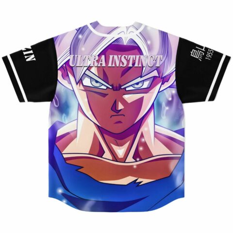 White haired warrior graphic on jersey back with Ultra Instinct text and blue gradient hem
