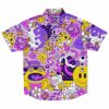 Colorful rave button-down shirt with monster-inspired and abstract patterns