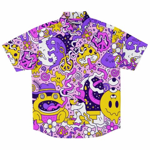 Colorful button-up shirt with monster-inspired and abstract patterns