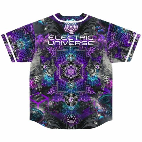Back view reading Electric Universe with sacred geometry mandala and cosmic purple pattern