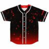 Black rave baseball jersey with red splatter print and grinning mouse head logo, front view