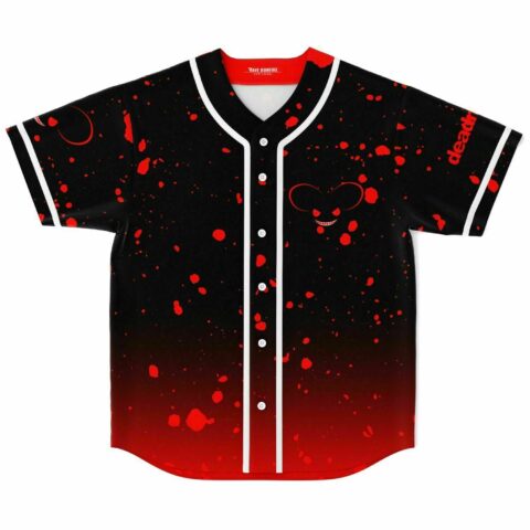 Black rave baseball jersey with red splatter print and grinning mouse head logo, front view