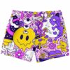 Pink cartoon doodle rave swim trunks with melting smiley face front view