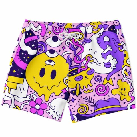 Pink cartoon doodle rave swim trunks with melting smiley face front view