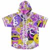Pastel pink trippy cartoon rave hooded baseball jersey with melting smiley faces and peace signs