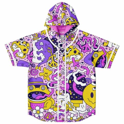 Pastel pink trippy cartoon rave hooded baseball jersey with melting smiley faces and peace signs