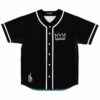 Black rave baseball jersey with white crown line art and microscope graphic front view