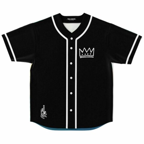 Black rave baseball jersey with white crown line art and microscope graphic front view