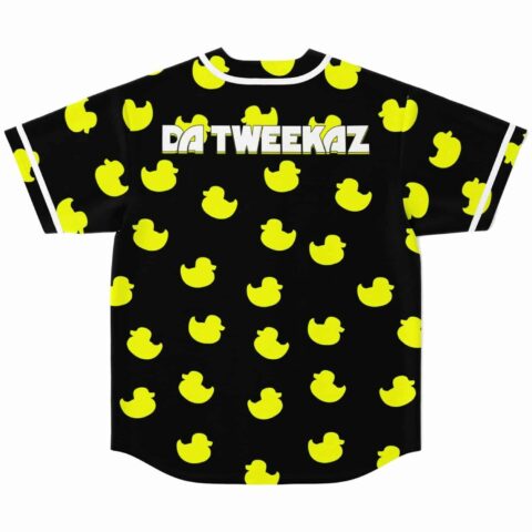 Black rubber duck jersey back view with bold Da Tweekaz lettering across shoulders