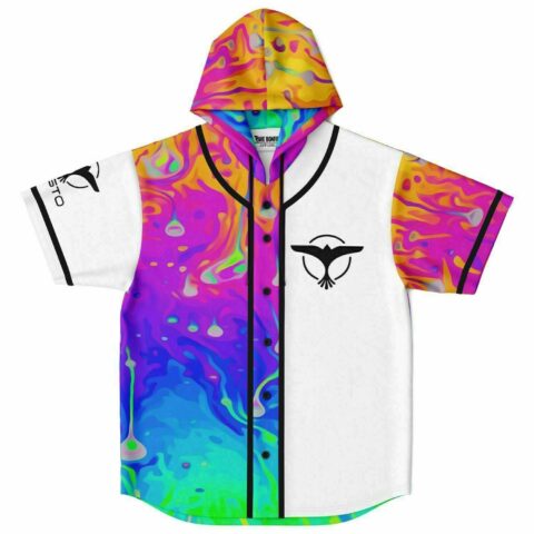 Rainbow tie-dye psychedelic liquid print hooded baseball jersey front view with bird logo