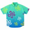 Bright yellow cartoon floral rave button-down shirt with colorful floral designs