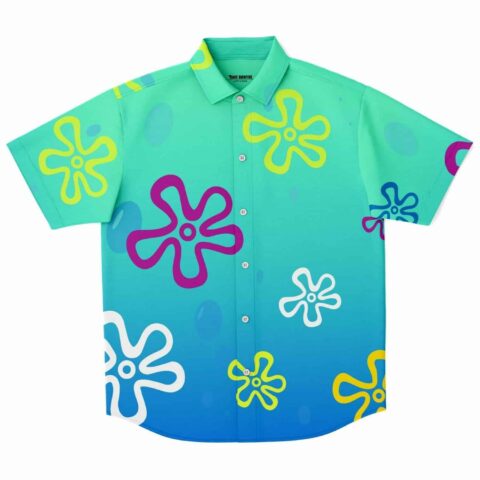 Bright yellow cartoon-style button-up shirt with colorful floral designs