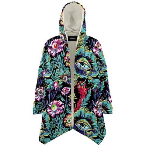 Black surreal garden rave cloak with eyeball flowers and hidden eyes front view