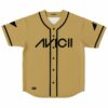 Tan rave baseball jersey with black wordmark logo, triangle sleeve accents, front view