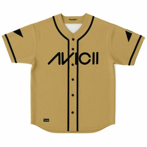 Tan rave baseball jersey with black wordmark logo, triangle sleeve accents, front view