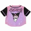 Back view of the rave cropped baseball jersey with a cute character graphic in pink and purple