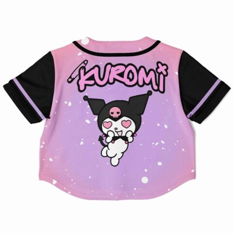Back view of cropped jersey featuring cute character graphic in pink and purple