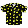 Yellow rubber duck print rave baseball jersey with Da Tweekaz text on black, front view