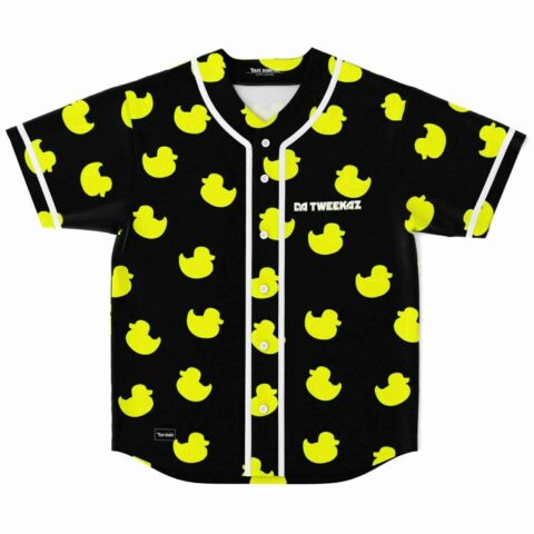 Yellow rubber duck print rave baseball jersey with Da Tweekaz text on black, front view