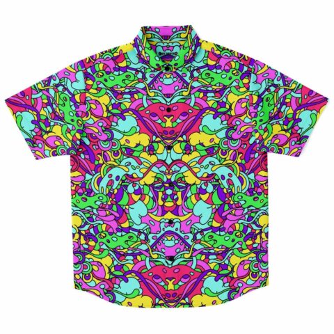Vibrant button-up shirt with colorful psychedelic abstract patterns
