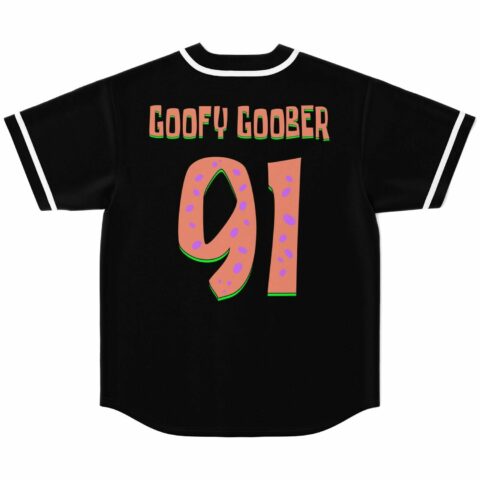 Black baseball jersey back with Goofy Goober 91 text and spotted number print