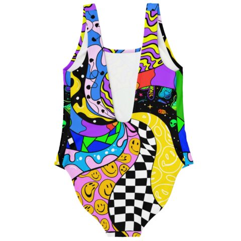 Rainbow black cartoon rave swimsuit back view showing checkerboard and smiley pattern