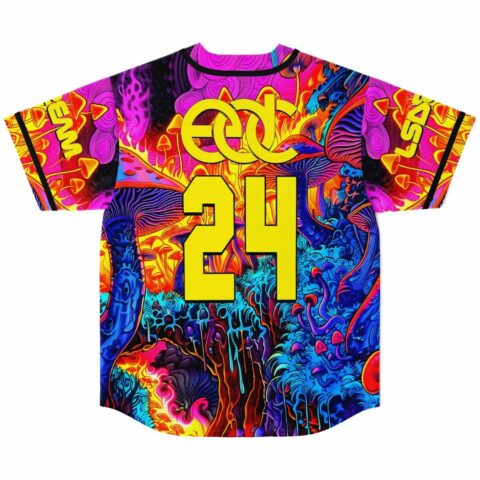Back view of trippy mushroom jersey with yellow number 24 and pink swirl background