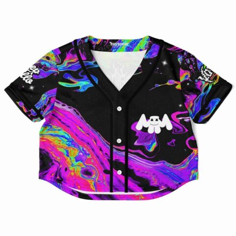 Cropped baseball jersey with psychedelic swirl design in vibrant colors
