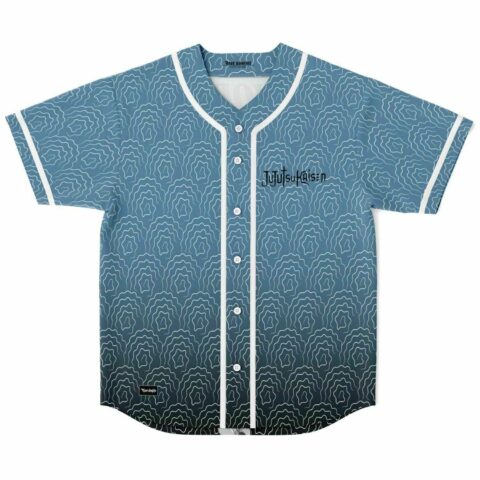 Steel blue topographic rave baseball jersey with abstract swirl line print front view flat lay