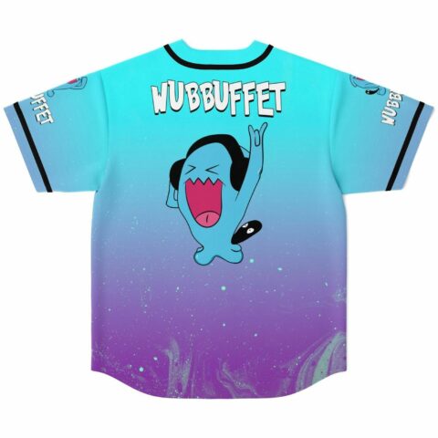 Back view of teal purple ombre jersey with Wubbuffet text and rocking cartoon creature graphic