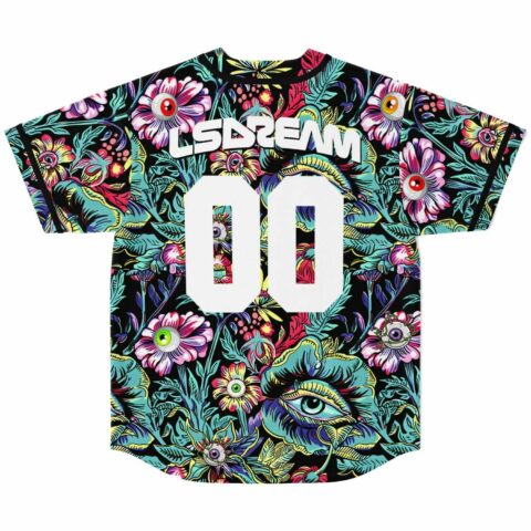 back view of psychedelic floral jersey showing LSDREAM 00 lettering