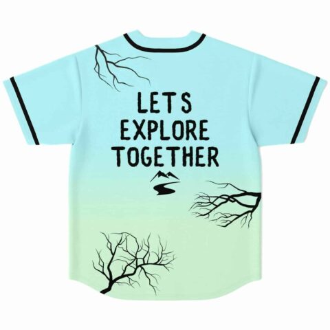 Let's Explore Together text on bare tree branch rave jersey back view