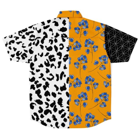 Back view of patterned button-up shirt featuring floral design
