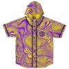 Purple and yellow psychedelic wavy hooded baseball jersey with Good Vibes chest logo, flat lay