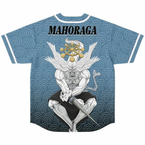 Back view of jersey showing white horned demon-inspired graphic with golden wheel emblem