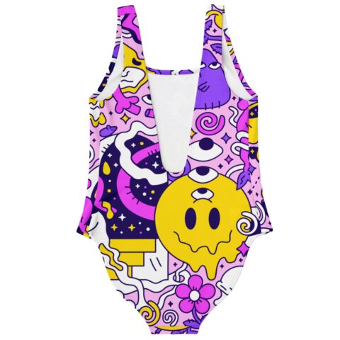 Back view of psychedelic doodle one-piece with dripping smiley and third-eye face