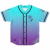 Teal to purple ombre baseball jersey with cartoon blue creature graphic and speckled splatter print