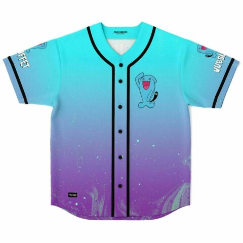 Teal to purple ombre baseball jersey with cartoon blue creature graphic and speckled splatter print
