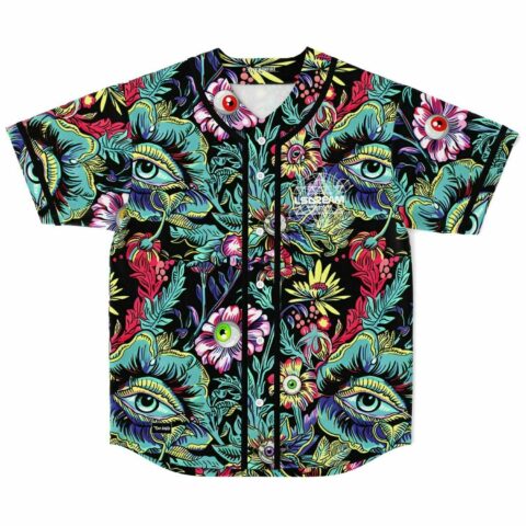 floral eyeball print rave baseball jersey laid flat front with LSDREAM logo