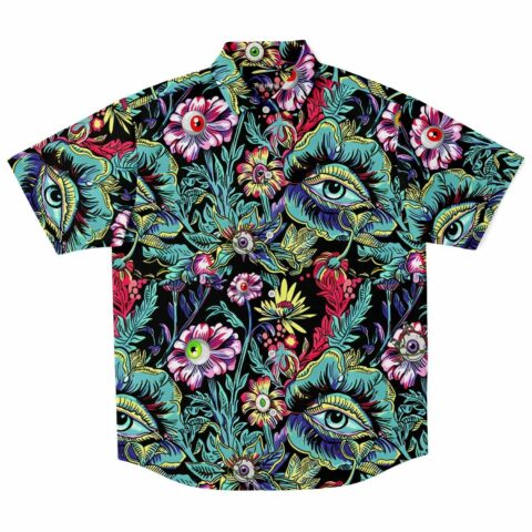 Colorful short-sleeve button-up shirt with floral and eye graphic design