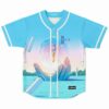 Sky blue baseball jersey with surreal giant hand cradling glowing orb figure design front view