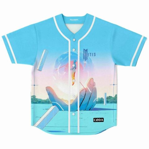 Sky blue baseball jersey with surreal giant hand cradling glowing orb figure design front view
