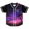 Front view of anime-inspired dusk sky rave baseball jersey with cross silhouettes and Xespria logo