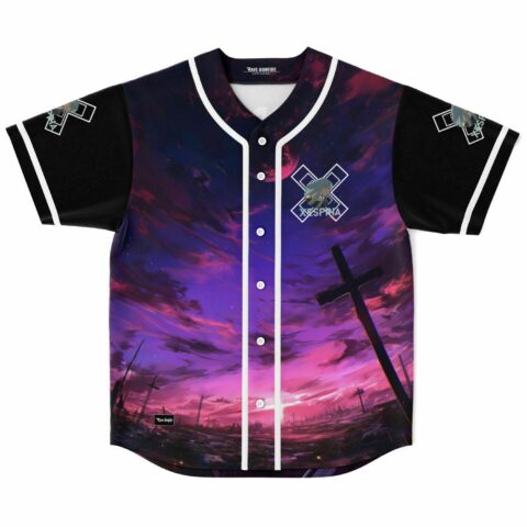 Front view of anime-inspired dusk sky rave baseball jersey with cross silhouettes and Xespria logo