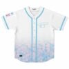 White rave baseball jersey with blue puppy outline and pastel geometric triangle fade front view