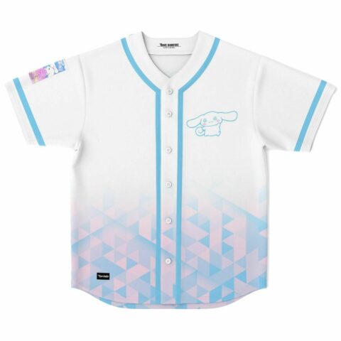 White rave baseball jersey with blue puppy outline and pastel geometric triangle fade front view