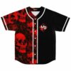 Red tinted skulls and roses baseball jersey with black half front laid flat