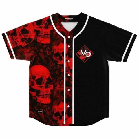 Red tinted skulls and roses baseball jersey with black half front laid flat