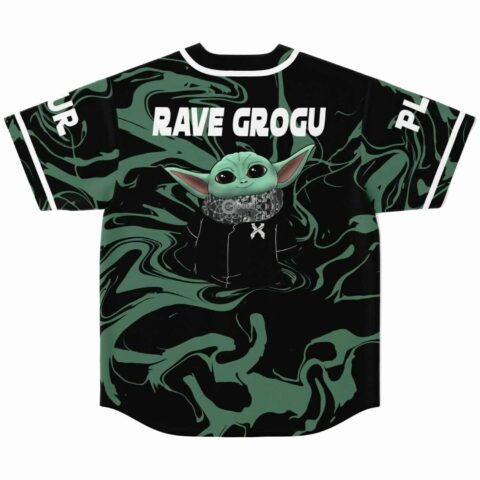 Back view of black sage marble jersey with green alien-inspired character graphic and Rave Grogu